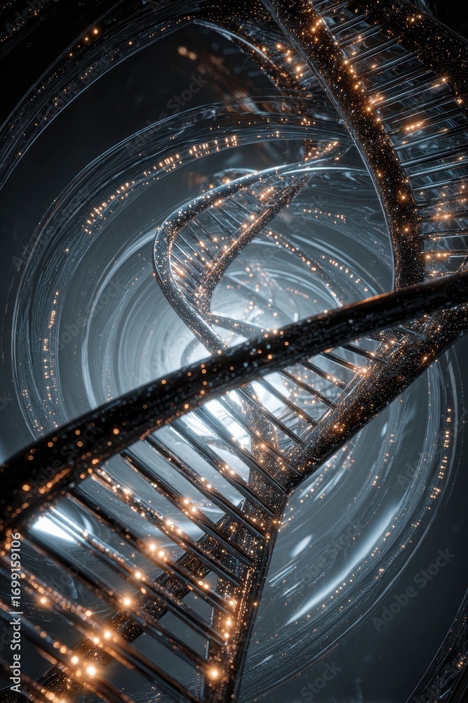 Naklejka premium Abstract Spiral Staircase with Lights in Modern Architecture.