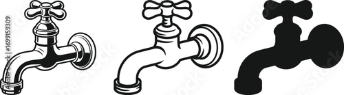 Three taps in different styles line art and silhouette