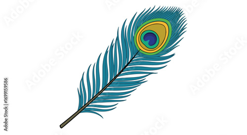 Stylized peacock feather displaying vivid blues, greens, and yellows on a white background representing elegance and grace