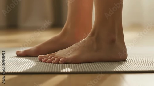 Close-up 4k video of bare feet standing on a gray yoga mat, showcasing a calm and peaceful mood during a morning yoga session at home.