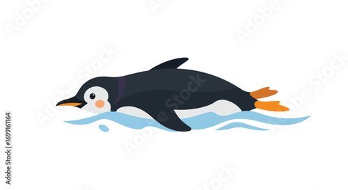 Stylized penguin enjoying a swim, rendered with simple shapes and vivid colors capturing the essence of aquatic fun in a playful way