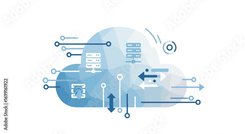 Abstract cloud computing network with data servers, connections, and transfer indicators, digital innovation representation with modern