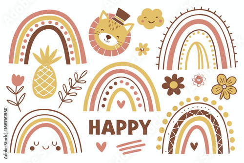 Collection of illustrated boho style rainbows with cute lion pineapple and flowers illustration