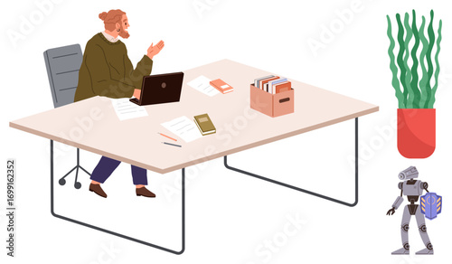 Man interacting with robot, laptop, books, and documents on a desk. Green plant decor. Ideal for technology, workspace, teamwork, productivity innovation AI collaboration future workplace themes