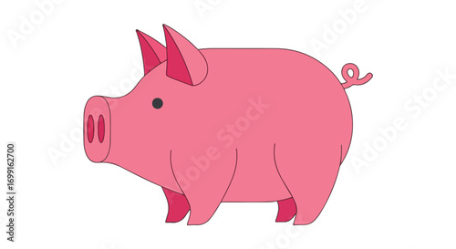Simple pink pig illustration with a curly tail on a white background perfect for kid's education material or for decoration animal themes