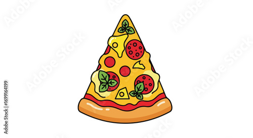 Cartoon Pizza Slice with Pepperoni, Cheese, and Basil, Ideal for Culinary Themed Designs or Educational Material