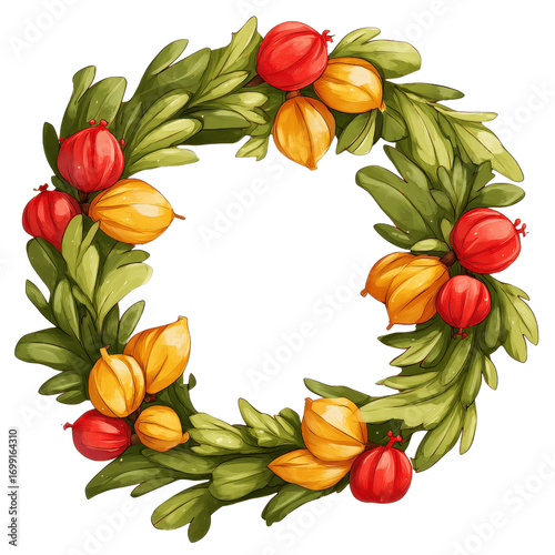 Autumnal Berry and Leaf Wreath Illustration