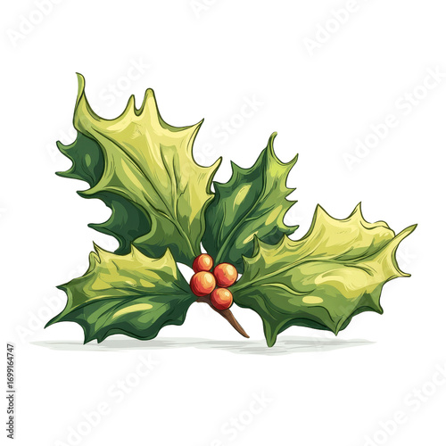 Hand-Drawn Illustration of Holly Sprig with Berries