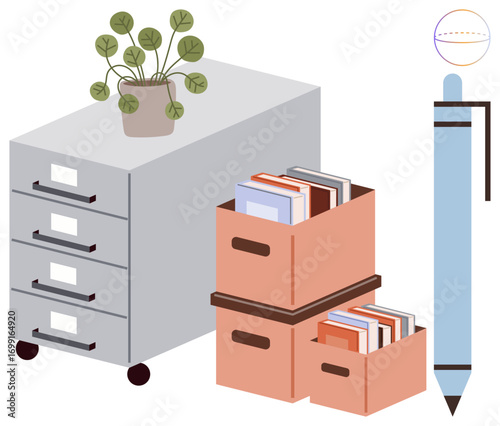 Filing cabinet, plant, stacked boxes with books, and a pen evoke themes of organization, study, planning, creativity, productivity workspace setup and focus. Ideal for simple flat metaphor