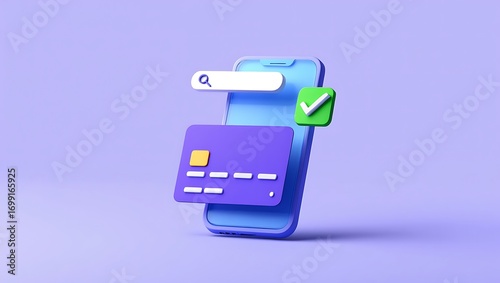 Mobile banking with credit card and successful payment on purple background illustration concept