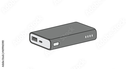 Modern gray power bank illustration, portable energy source for mobile device charging, isolated with simplistic design for technology applications