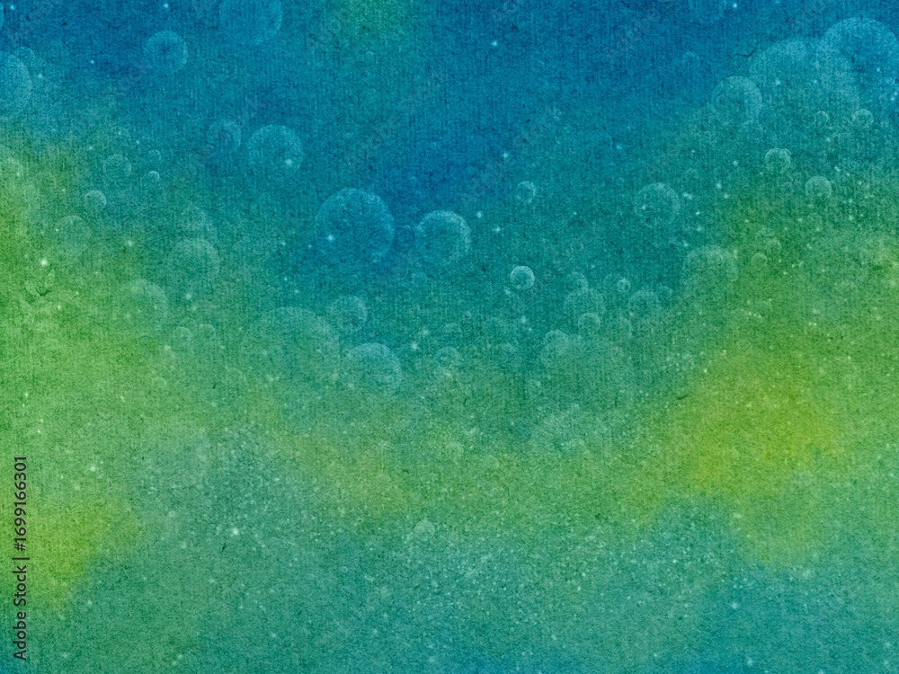 Obraz premium 深みのある青と緑の水彩背景に淡い光と泡が幻想的なイラスト素材