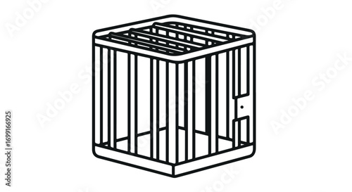 Geometric linear illustration of a metal cage structure on a white background revealing a minimalist modern construction art for design projects