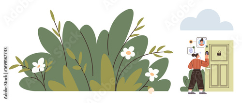 Woman stands by a lockable door holding a phone with displayed images, engaging in facial recognition. Large green foliage, flowers, and a cloud emphasize environment, security, and technology. Ideal