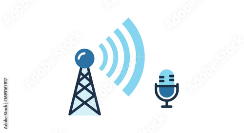 Illustration representing podcast creation with broadcast antenna and microphone in blue hues to symbolise audio production