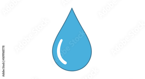 Minimalist water droplet illustration showcasing a clear blue hue and simple design, with a soft reflection, water conservation concept