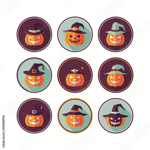 A set of nine unique Halloween icons with various Jack O' Lantern faces and witch hats. Designed in a flat style with long shadows, these circular vector icons offer diverse spooky and friendly expres