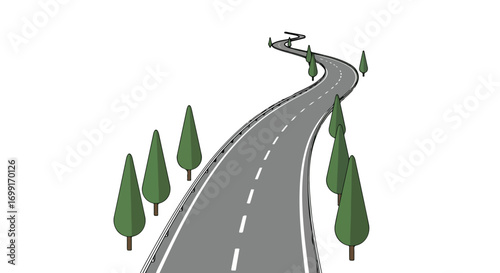 Serpentine road illustration, showcasing a curving asphalt highway flanked by evergreen trees isolated on a pristine white backdrop creating a