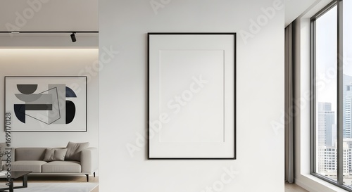 A minimalist contemporary living space featuring a large blank picture frame on a white wall, alongside abstract art. Natural light streams in from a large window revealing an urban cityscape.