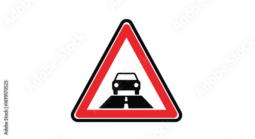 Road narrows ahead warning sign for motorists safety and traffic management displaying car symbol and attention grabbing bright red border