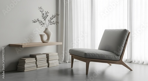 A bright, airy, and minimalist living room featuring a stylish armchair, a sleek wooden shelf with a contemporary vase and branches, and neatly stacked books.