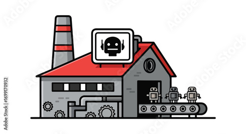Automated Assembly: Cartoon Factory Producing Robotic Units with Advanced Technology Integration and Efficiency, Illustrating a Futuristic