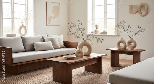 Modern Living Room Interior With Neutral Tones And Natural Light Streaming Through Large Windows Creating A Serene Atmosphere