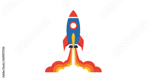 Illustration of vibrant rocket launching with bright flames into clear sky symbolizing innovation and progress representing development and