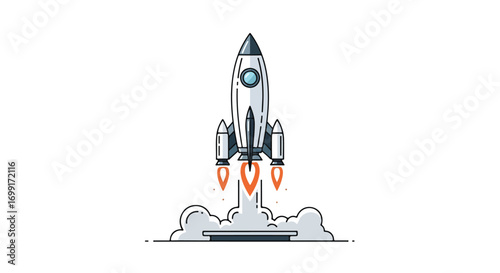Stylized Rocket Launch Illustration: A Symbol of Innovation, Progress, and Future Advancement Featuring Fire and Smoke for Business and Technology
