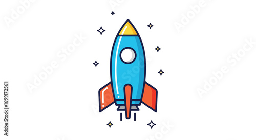 Cartoon rocket launch illustration with vibrant colors and star accents for children's projects or educational material