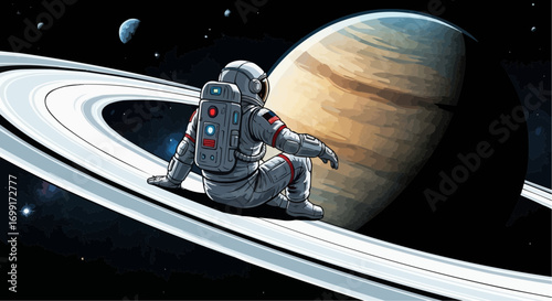 Astronaut in space sitting on saturn ring looking at planet digital art illustration vector graphic design vector