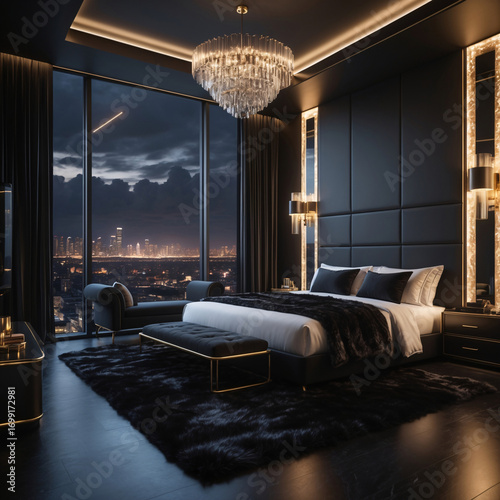 Luxury Black Themed Apartment Bedroom With Elegant Moonlight View Dark Interior Hotel Room Design Modern Furniture Night Scene Sophisticated interior design wallpaper background