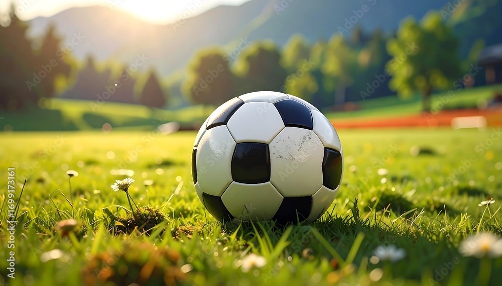 Fototapeta premium A soccer ball rests on a grassy field, bathed in sunlight, with a blurred background of lush greenery and hills.