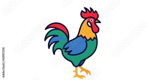 Stylized rooster illustration with vibrant multicolor plumage on a clean white backdrop conveying simplicity and playful design elements