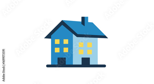 Stylized blue townhouse illustration against white background representing urban living and domestic architecture simple graphic modern vector drawing