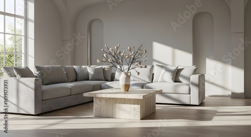 Modern Living Room with Light Grey Sectional Sofa and Textured Coffee Table Bathed in Natural Sunlight