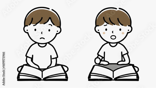 Two boys sitting and reading a book with different expressions, one is sad and the other is surprised