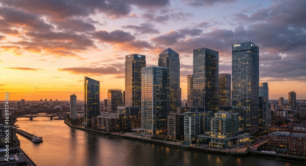 Fototapeta premium Towering skyscrapers line a river at sunset with dramatic clouds