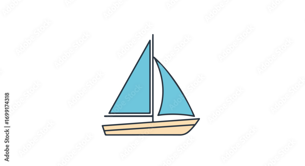 Fototapeta premium Minimalist sailboat illustration in light blue and beige against a plain white backdrop conveys simplicity and nautical theme
