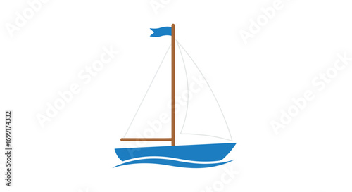 Simplified azure sailboat gliding serenely on tranquil indigo waves against a pristine white canvas creating a nautical graphic 92 characters