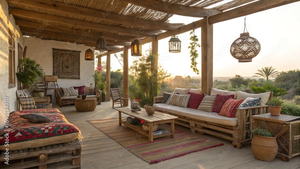 Fototapeta premium Covered patio with rustic furniture and outdoor living space