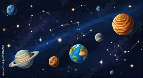Explore the beauty of our solar system planets constellations and cosmic wonders in this stunning space art vector