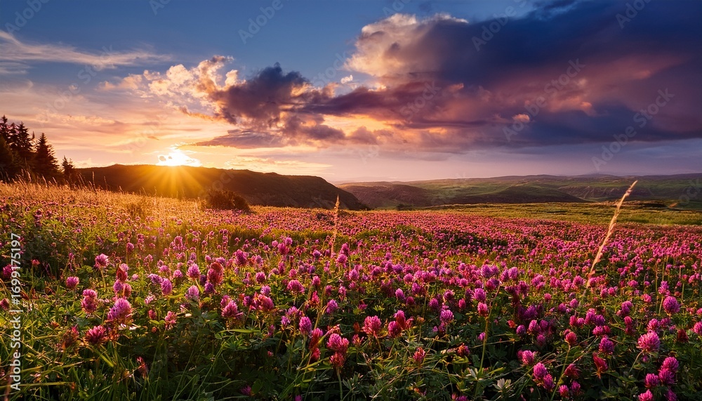 Obraz premium red clover meadow at sunset a serene landscape of wildflowers under a dramatic sky bathed in the golden light of dusk