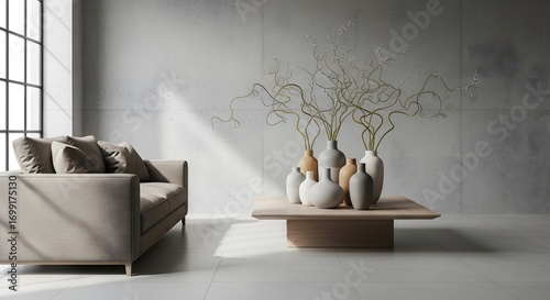 A contemporary living space featuring a plush sofa against a wall with a unique textured finish, bathed in natural light streaming through large windows, accentuating elegant ceramic vases.