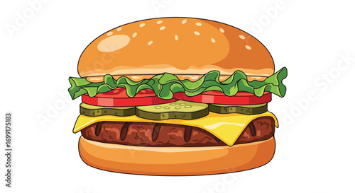 Illustrative hamburger graphic with classic toppings on a white background perfect for culinary or promotional material, evoking hunger and
