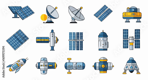 Explore space technology and space exploration with these satellite solar panel spaceship vector icons designs vector