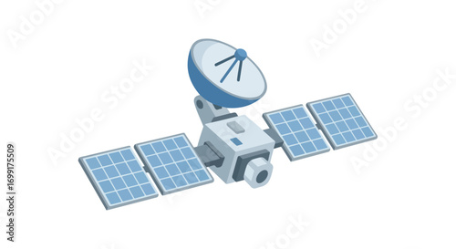 Stylized illustration of an orbiting satellite equipped with solar panels and a radio dish for communications purposes in deep space exploration