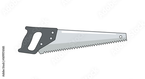 Isolated illustration presenting a carpenter's saw with a light gray blade and a dark gray handle on a plain white background