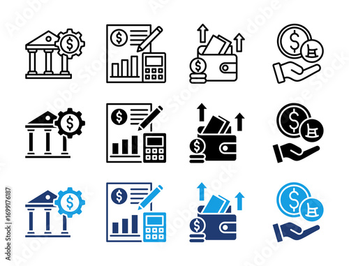 Finance and Banking Icon Set. Containing Banking system, Accounting, Expenses, and Pension Icons Collection.