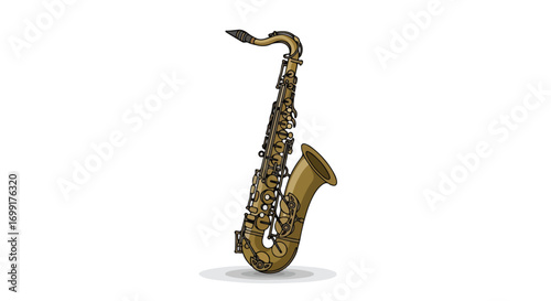 Stylized vector illustration of a golden saxophone on a clean white backdrop for creative musical projects